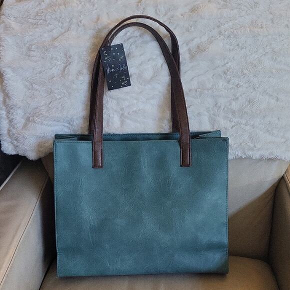 Classic Teal and Brown Tote Bag with Brown Faux Leather Accents - Picture 7 of 13
